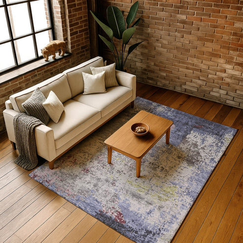 9' X 12' Blue Pink And Ivory Abstract Washable Area Rug With UV Protection
