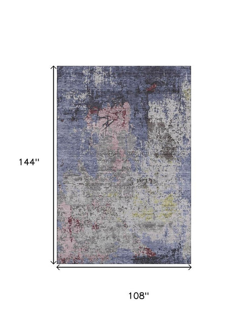 9' X 12' Blue Pink And Ivory Abstract Washable Area Rug With UV Protection
