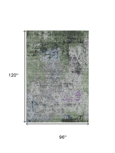 8' X 10' Fern Green Gray And Ivory Abstract Washable Area Rug With UV Protection