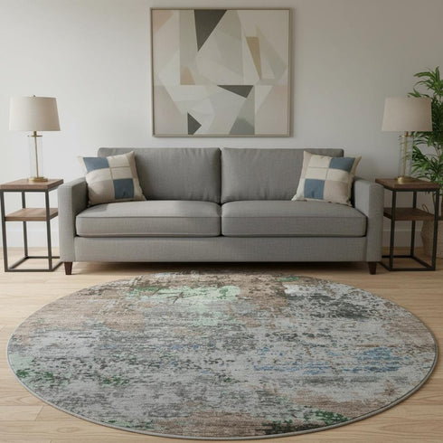 8' Taupe Brown And Ivory Abstract Washable Round Rug With UV Protection