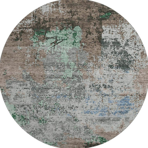 8' Taupe Brown And Ivory Abstract Washable Round Rug With UV Protection