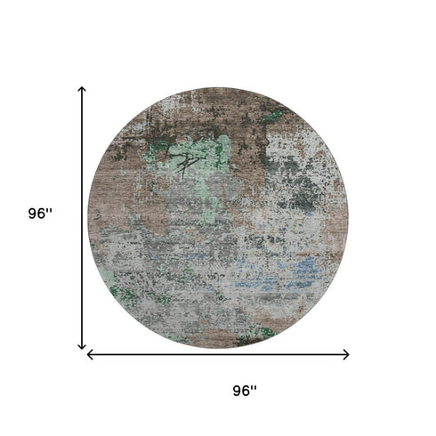 8' Taupe Brown And Ivory Abstract Washable Round Rug With UV Protection