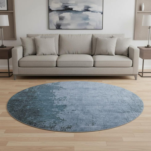 8' Blue And Gray Abstract Washable Round Rug With UV Protection