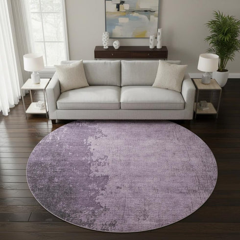 8' Lavender And Gray Abstract Washable Round Rug With UV Protection