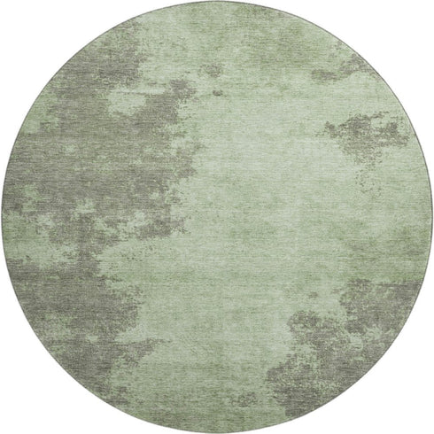 8' Artichoke Green And Gray Abstract Washable Round Rug With UV Protection