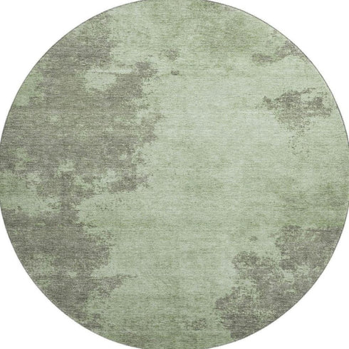 8' Artichoke Green And Gray Abstract Washable Round Rug With UV Protection