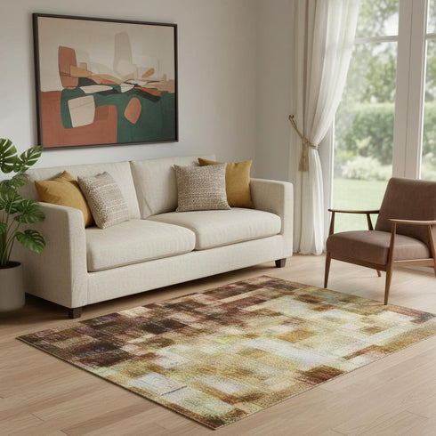 5' X 8' Coffee And Beige Abstract Washable Area Rug With UV Protection