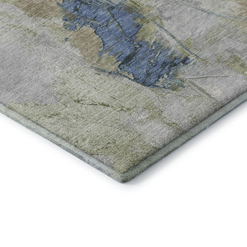 5' X 8' Beige Blue And Ivory Abstract Washable Area Rug With UV Protection