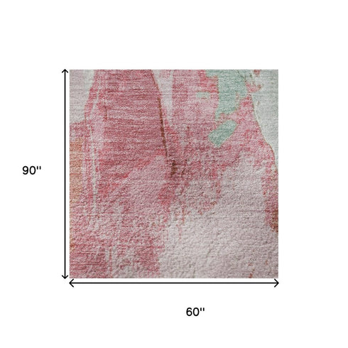 5' X 8' Blush Green And Ivory Abstract Washable Area Rug With UV Protection