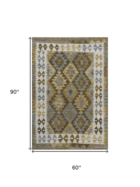 5' X 8' Brown And Ivory Tribal Washable Area Rug With UV Protection