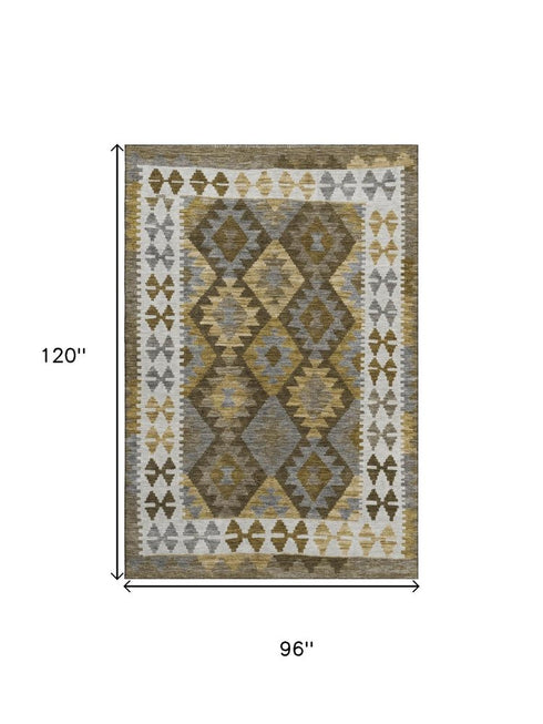 8' X 10' Brown And Ivory Tribal Washable Area Rug With UV Protection