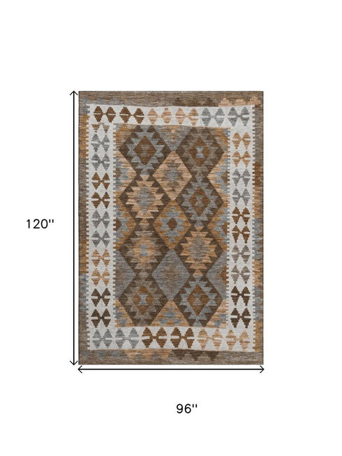 8' X 10' Copper And Ivory Tribal Washable Area Rug With UV Protection