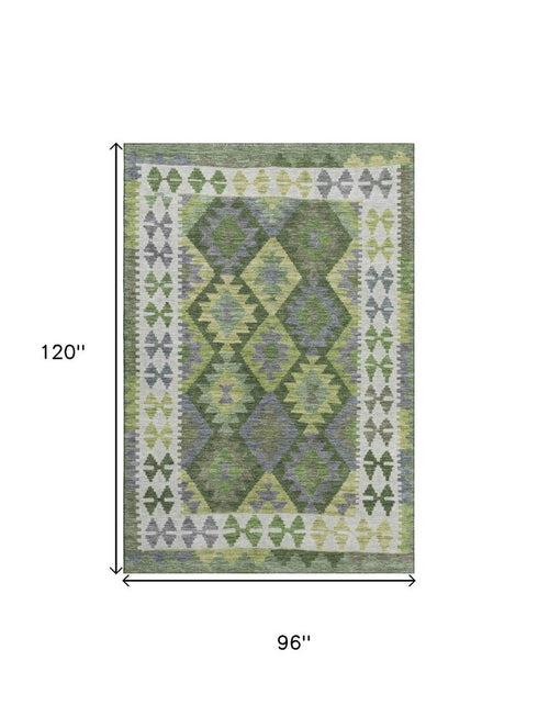 8' X 10' Olive Green And Ivory Tribal Washable Area Rug With UV Protection