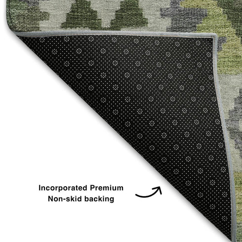 8' X 10' Olive Green And Ivory Tribal Washable Area Rug With UV Protection