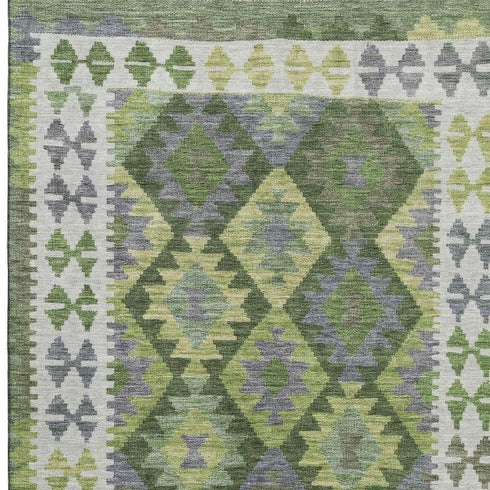 8' X 10' Olive Green And Ivory Tribal Washable Area Rug With UV Protection