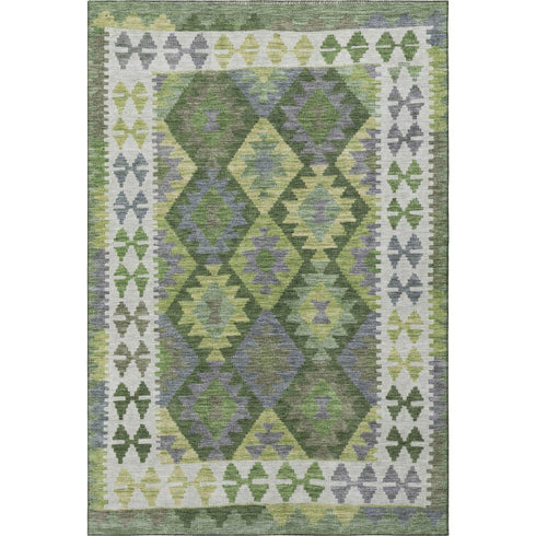 8' X 10' Olive Green And Ivory Tribal Washable Area Rug With UV Protection