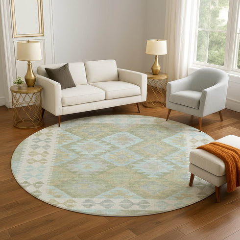 8' Sage And Blue Tribal Washable Round Rug With UV Protection