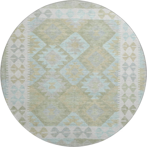 8' Sage And Blue Tribal Washable Round Rug With UV Protection