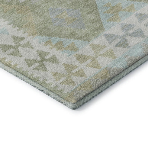 8' Sage And Blue Tribal Washable Round Rug With UV Protection