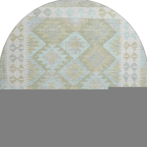 8' Sage And Blue Tribal Washable Round Rug With UV Protection