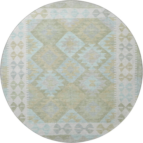 8' Sage And Blue Tribal Washable Round Rug With UV Protection