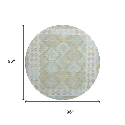8' Sage And Blue Tribal Washable Round Rug With UV Protection