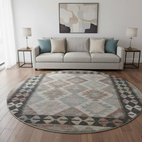 8' Taupe And Charcoal Tribal Washable Round Rug With UV Protection