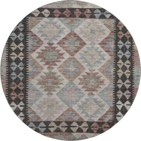 8' Taupe And Charcoal Tribal Washable Round Rug With UV Protection