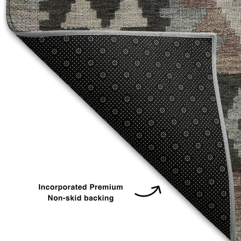8' Taupe And Charcoal Tribal Washable Round Rug With UV Protection