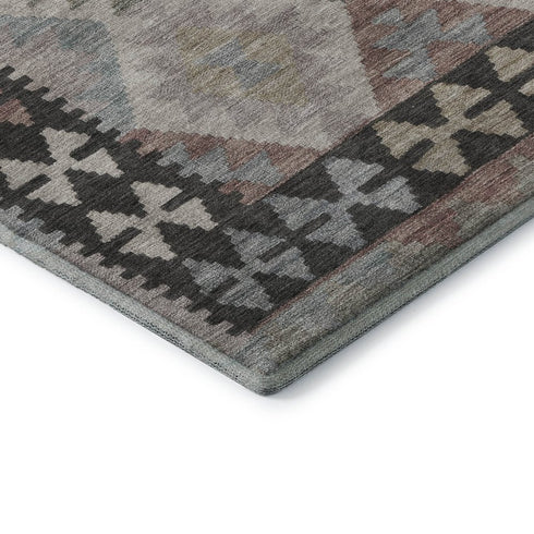 8' Taupe And Charcoal Tribal Washable Round Rug With UV Protection