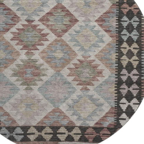 8' Taupe And Charcoal Tribal Washable Round Rug With UV Protection