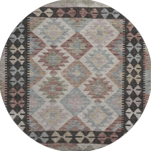 8' Taupe And Charcoal Tribal Washable Round Rug With UV Protection