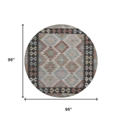 8' Taupe And Charcoal Tribal Washable Round Rug With UV Protection