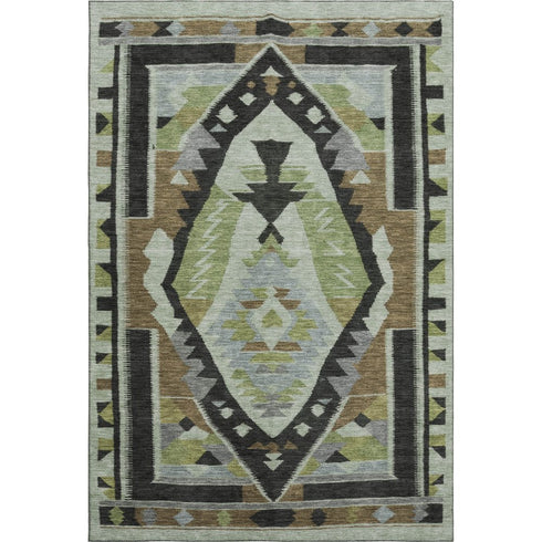 5' X 8' Brown Green And Charcoal Tribal Washable Area Rug With UV Protection
