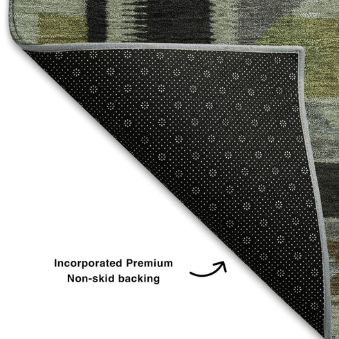5' X 8' Brown Green And Charcoal Tribal Washable Area Rug With UV Protection