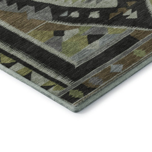 5' X 8' Brown Green And Charcoal Tribal Washable Area Rug With UV Protection