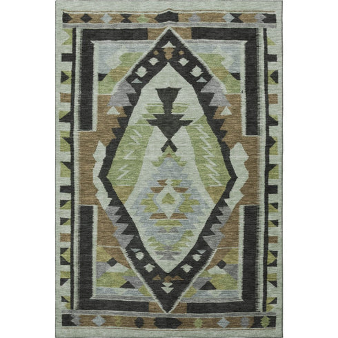 5' X 8' Brown Green And Charcoal Tribal Washable Area Rug With UV Protection