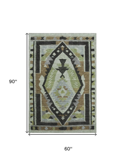 5' X 8' Brown Green And Charcoal Tribal Washable Area Rug With UV Protection