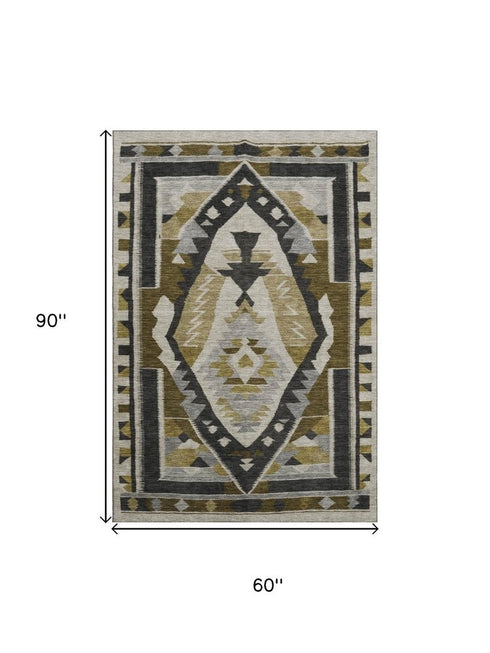 5' X 8' Chocolate Beige And Charcoal Tribal Washable Area Rug With UV Protection