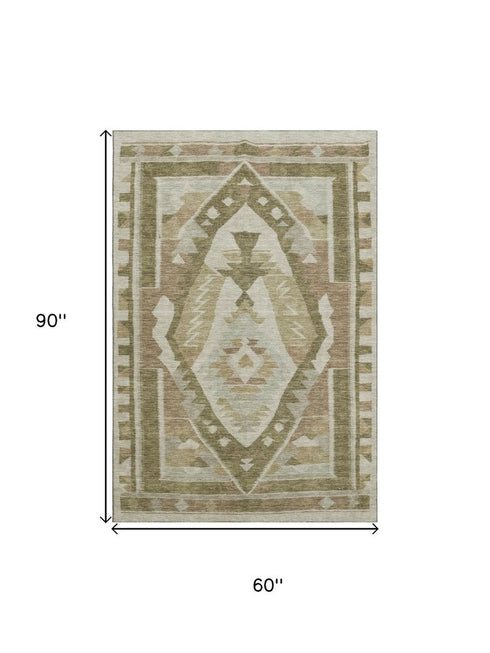 5' X 8' Linen Ivory And Khaki Tribal Washable Area Rug With UV Protection