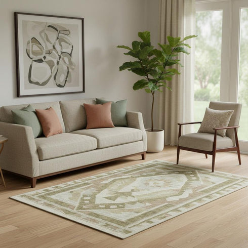 5' X 8' Linen Ivory And Khaki Tribal Washable Area Rug With UV Protection