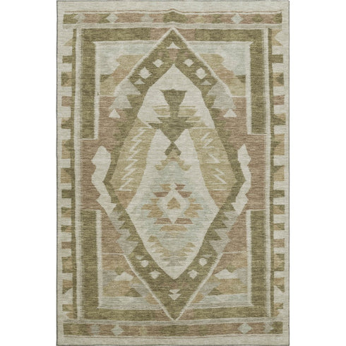 5' X 8' Linen Ivory And Khaki Tribal Washable Area Rug With UV Protection