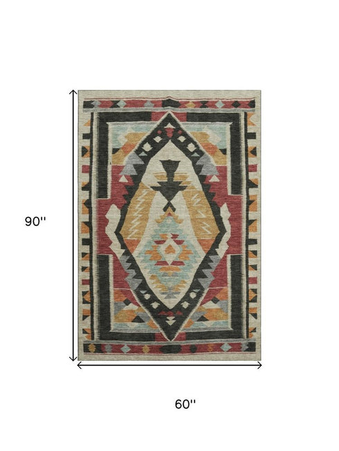 5' X 8' Red Charcoal And Gold Tribal Washable Area Rug With UV Protection
