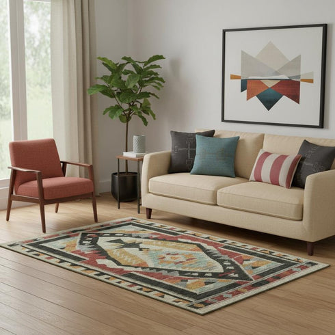 5' X 8' Red Charcoal And Gold Tribal Washable Area Rug With UV Protection