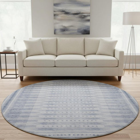 8' Blue And Denim Blue Geometric Washable Round Rug With UV Protection