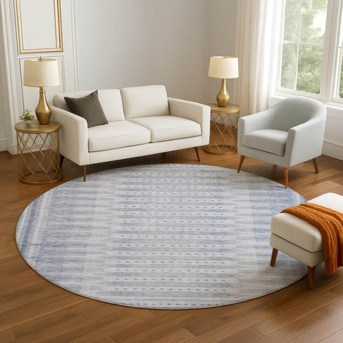 8' Blue And Denim Blue Geometric Washable Round Rug With UV Protection