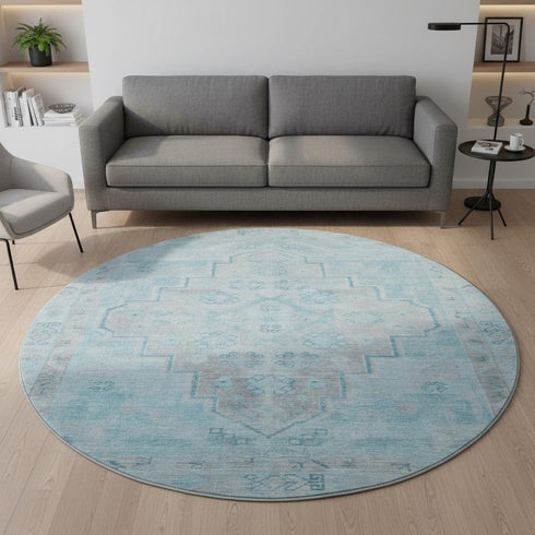 8' Sky Blue And Gray Medallion Washable Round Rug With UV Protection