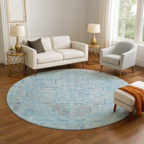 8' Sky Blue And Gray Medallion Washable Round Rug With UV Protection