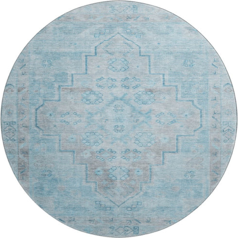 8' Sky Blue And Gray Medallion Washable Round Rug With UV Protection