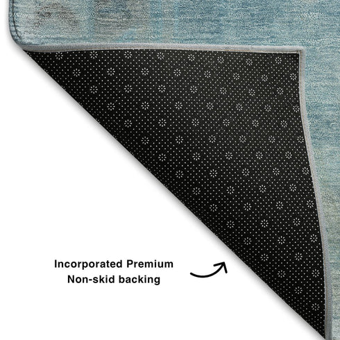 8' Sky Blue And Gray Medallion Washable Round Rug With UV Protection